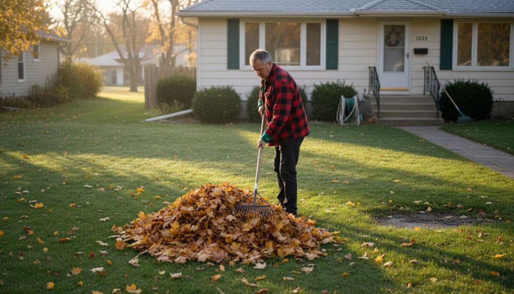 Homeowner raking leaves in Calgary yard