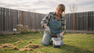 Homeowner testing Calgary lawn soil outdoors