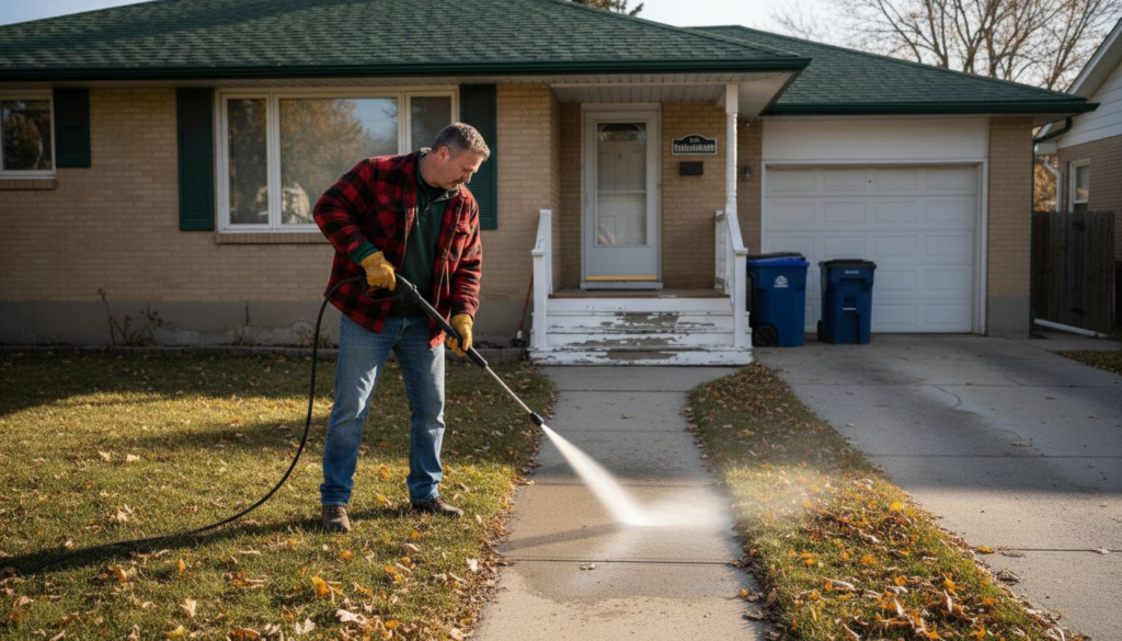 Homeowner pressure washing walkway in Calgary
