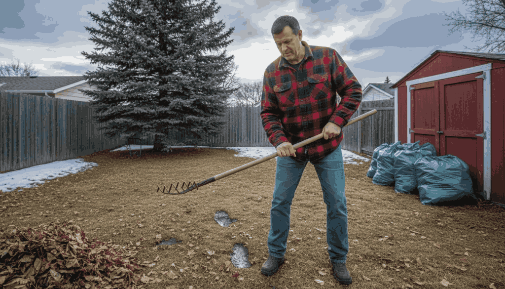 Homeowner raking leaves in fall Calgary yard