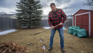 Homeowner raking leaves in fall Calgary yard