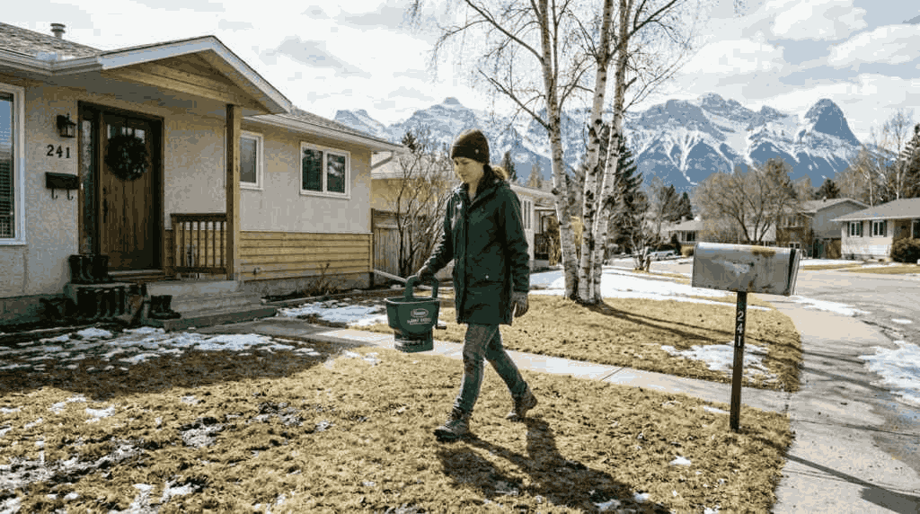 Calgary homeowner fertilising patchy spring yard