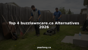 Lawn care workers maintaining Calgary backyard