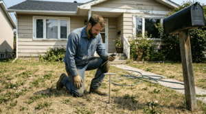 Lawn care technician examines Calgary front lawn