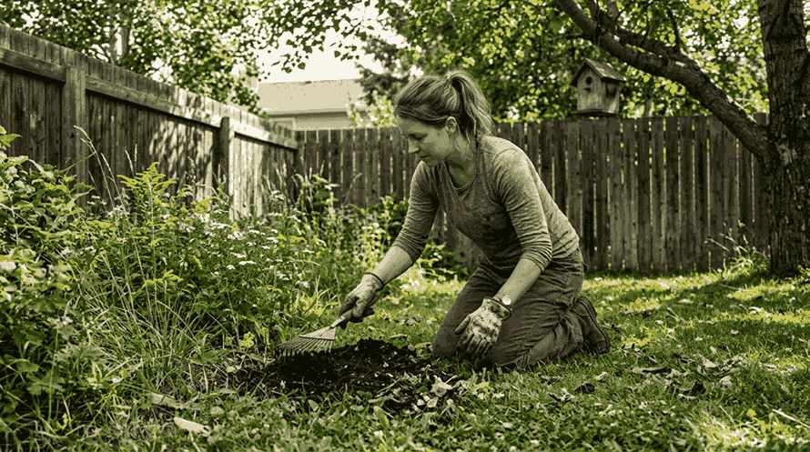 Homeowner spreading compost on Calgary lawn