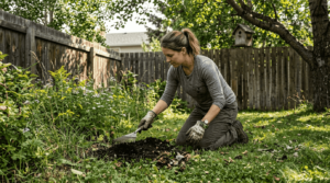 Homeowner spreading compost on Calgary lawn