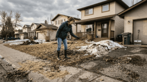 Homeowner picking debris after winter Calgary