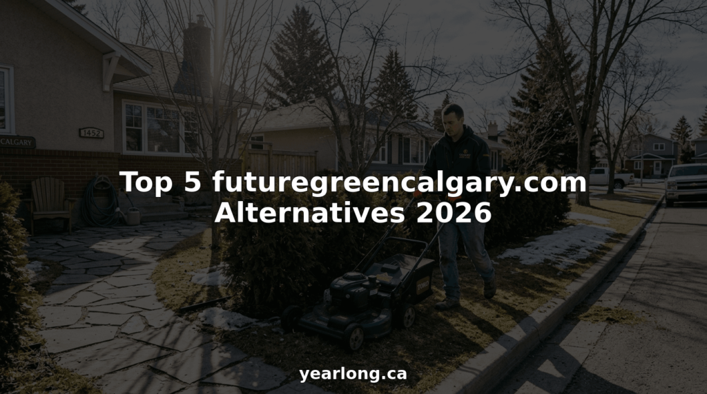 Groundskeeper mowing Calgary suburban lawn in early spring