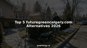 Groundskeeper mowing Calgary suburban lawn in early spring