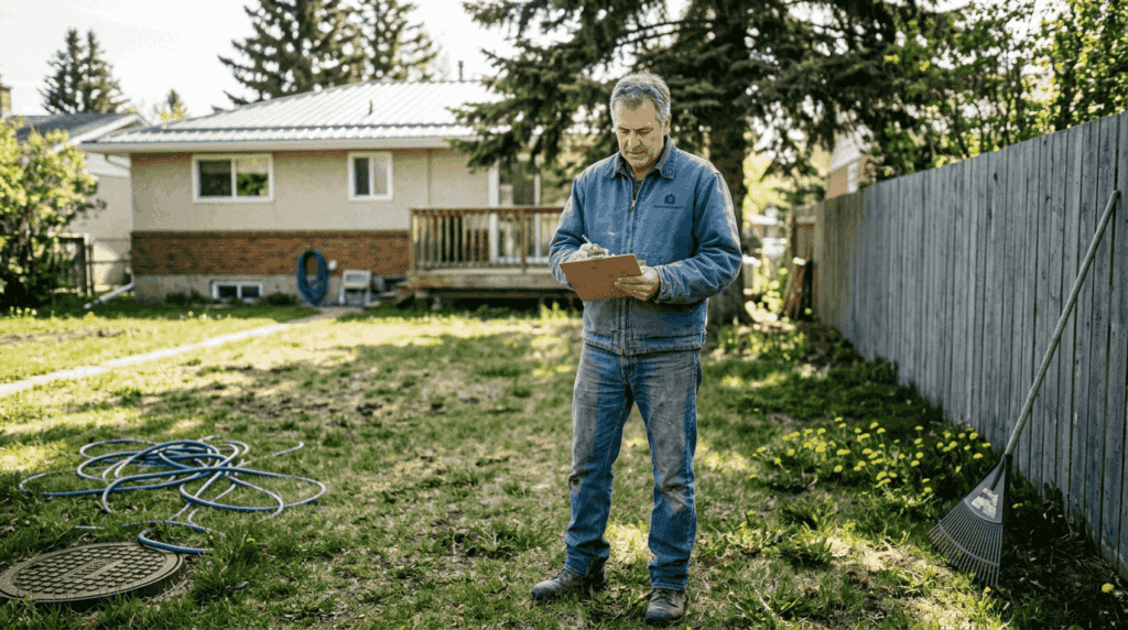 Calgary homeowner checking lawn maintenance list