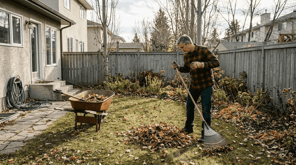 Homeowner raking leaves in Calgary backyard