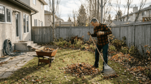Homeowner raking leaves in Calgary backyard