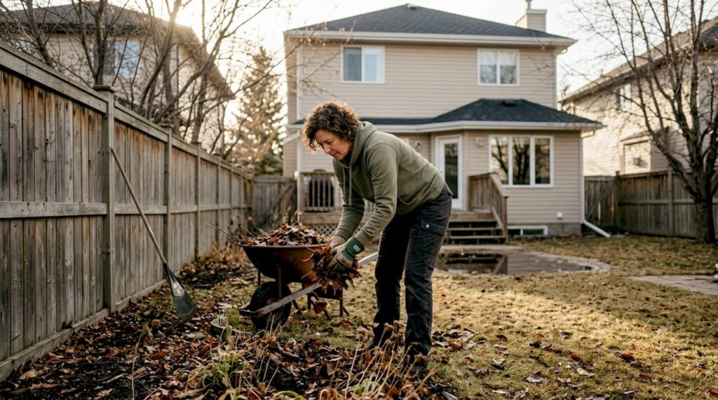 Homeowner cleaning yard in Calgary autumn
