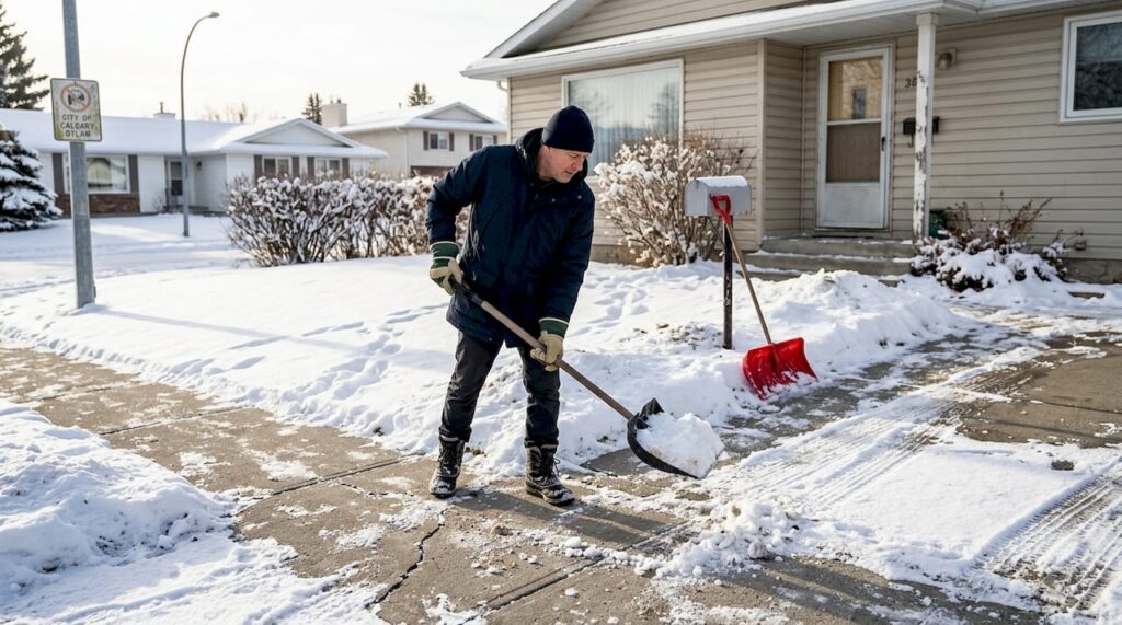 Homeowner shoveling snowy Calgary sidewalk