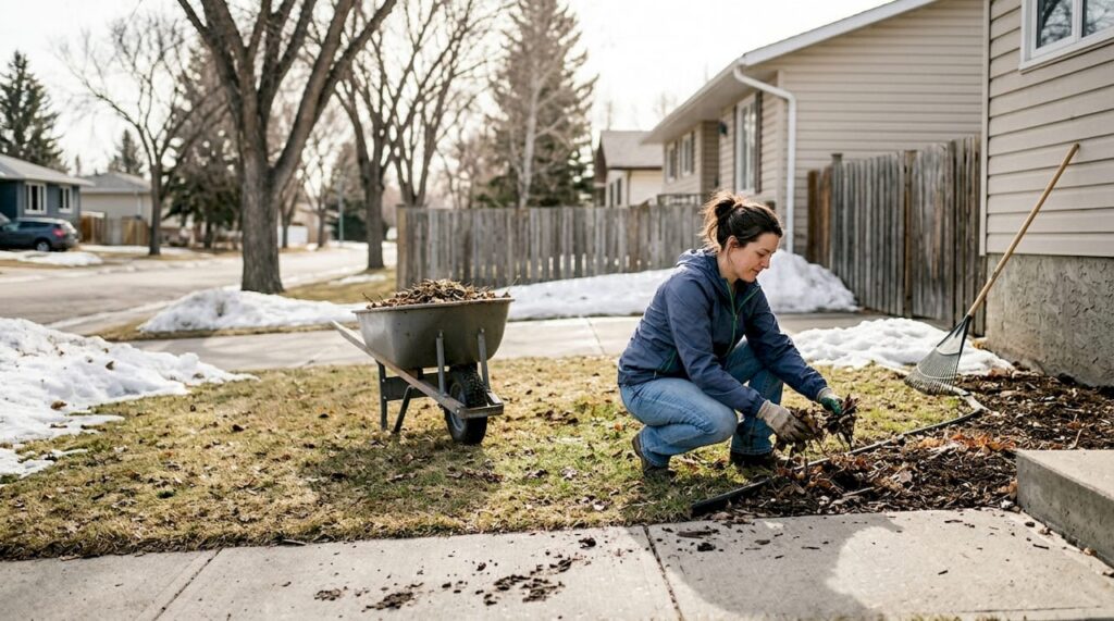 Calgary homeowner cleaning yard in spring