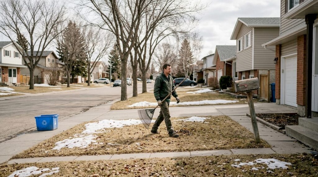 Homeowner cleaning Calgary yard after winter