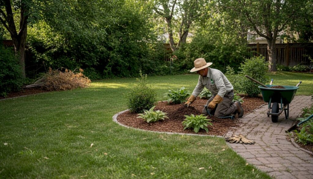 Homeowner spreading mulch on Calgary lawn edge
