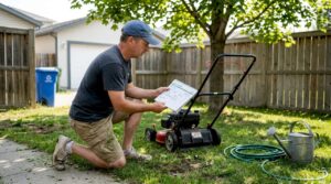 Homeowner planning lawn care schedule in Calgary yard