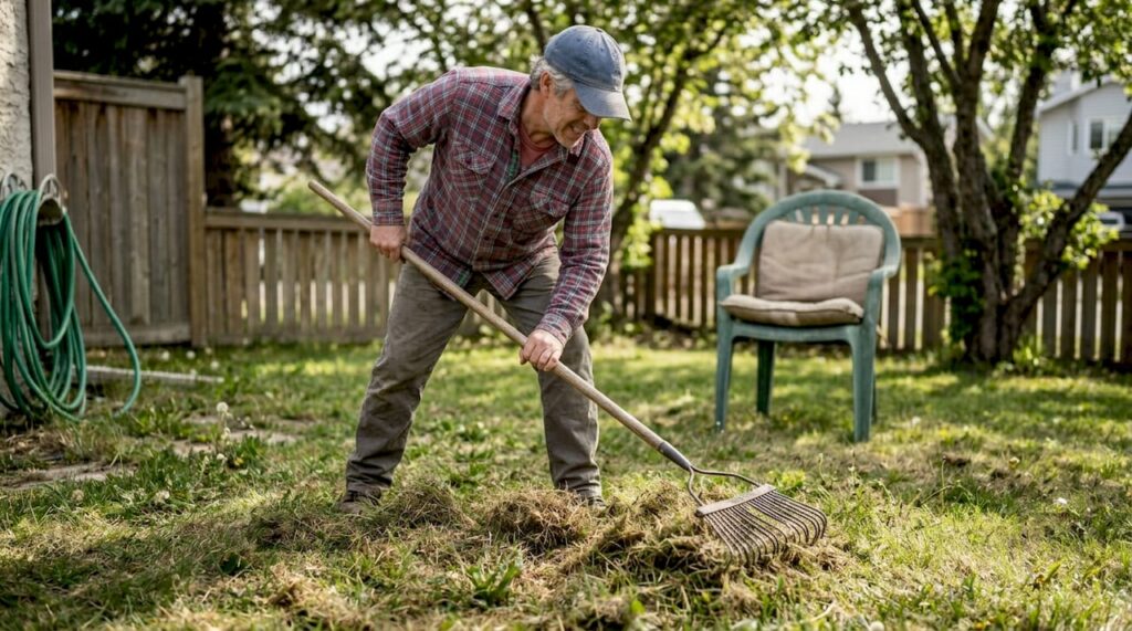 Homeowner removing lawn thatch with rake in yard