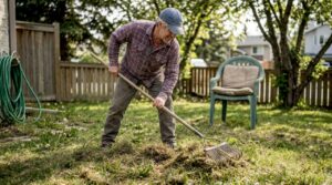 Homeowner removing lawn thatch with rake in yard