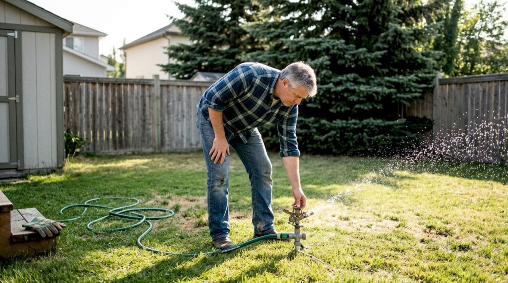 Homeowner watering backyard lawn in Calgary