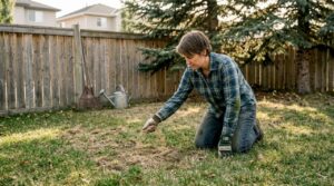 Homeowner overseeding in Calgary backyard