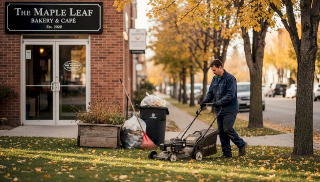 Groundskeeper mowing Calgary business lawn in autumn