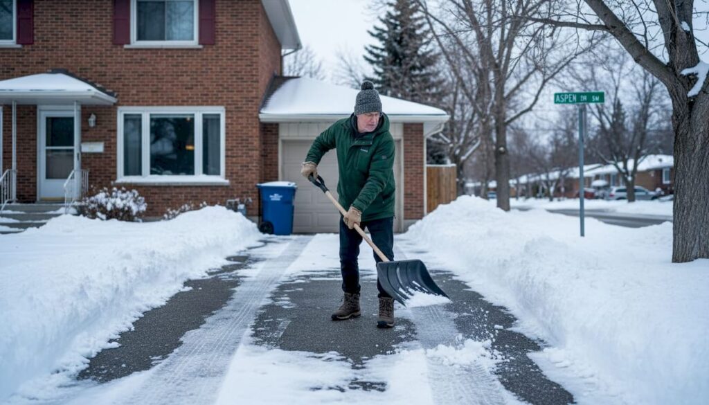 Calgary homeowner shoveling snow on driveway