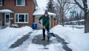 Calgary homeowner shoveling snow on driveway