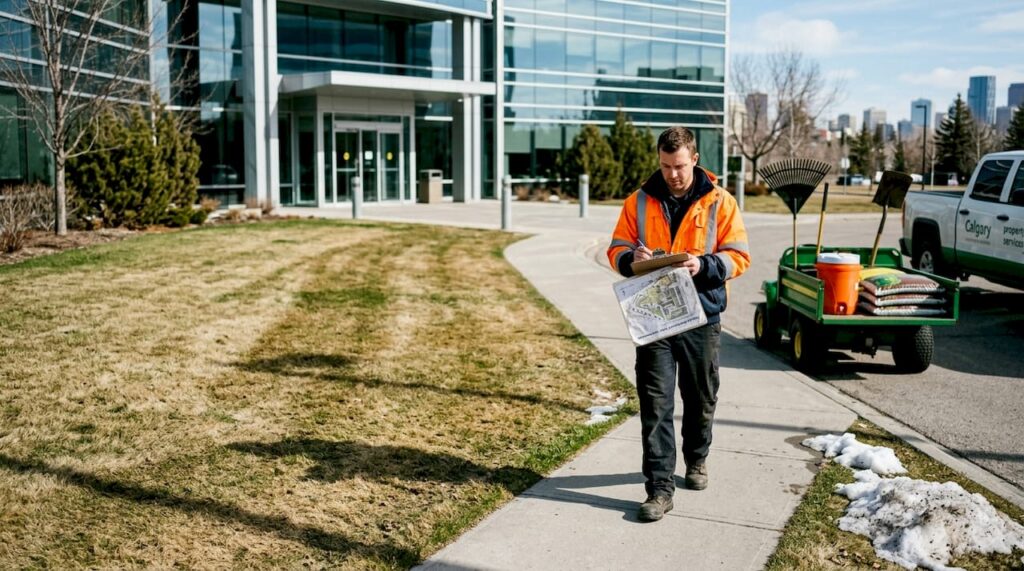 Technician inspecting commercial lawn in Calgary