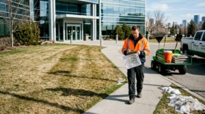 Technician inspecting commercial lawn in Calgary