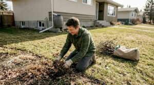 Homeowner clearing debris in sloped Calgary yard