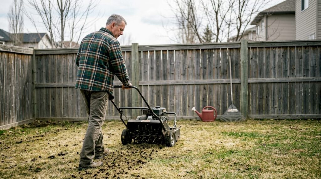 Homeowner using core aerator on backyard lawn
