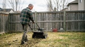 Homeowner using core aerator on backyard lawn