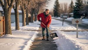 Homeowner shovels Calgary sidewalk snow morning