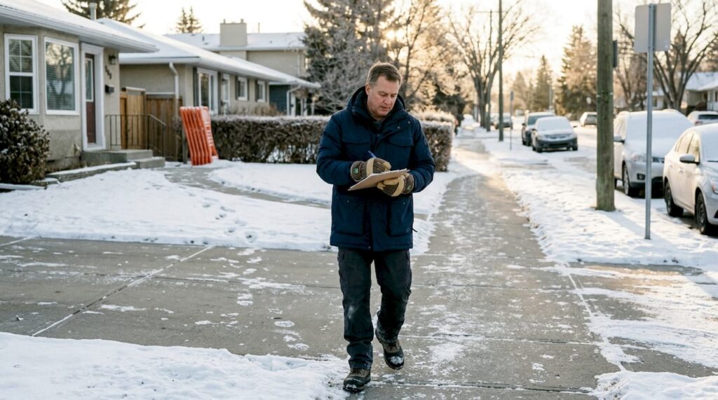 Property manager surveying snowy Calgary sidewalk
