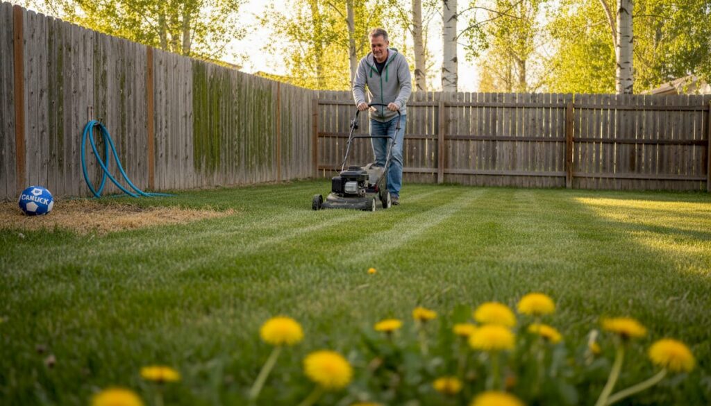 Homeowner mowing backyard lawn in West Springs