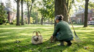 Homeowner adjusting sprinkler on large Wentworth lawn