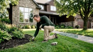 Homeowner tending lush lawn in upscale Calgary yard