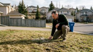 Homeowner inspecting challenging Christie Park lawn