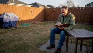 Homeowner reviewing outdoor property after winter