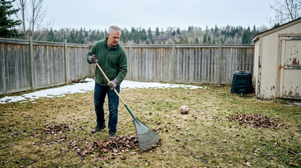 Homeowner raking Discovery Ridge backyard in early spring