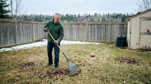 Homeowner raking Discovery Ridge backyard in early spring