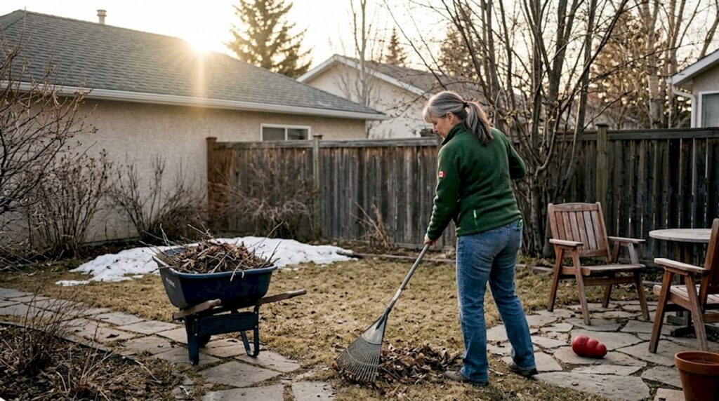 Homeowner raking Calgary backyard in early spring