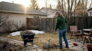 Homeowner raking Calgary backyard in early spring