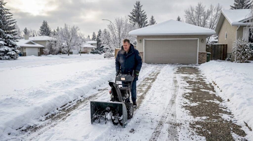 Homeowner clears driveway with snow blower