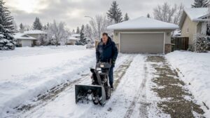 Homeowner clears driveway with snow blower