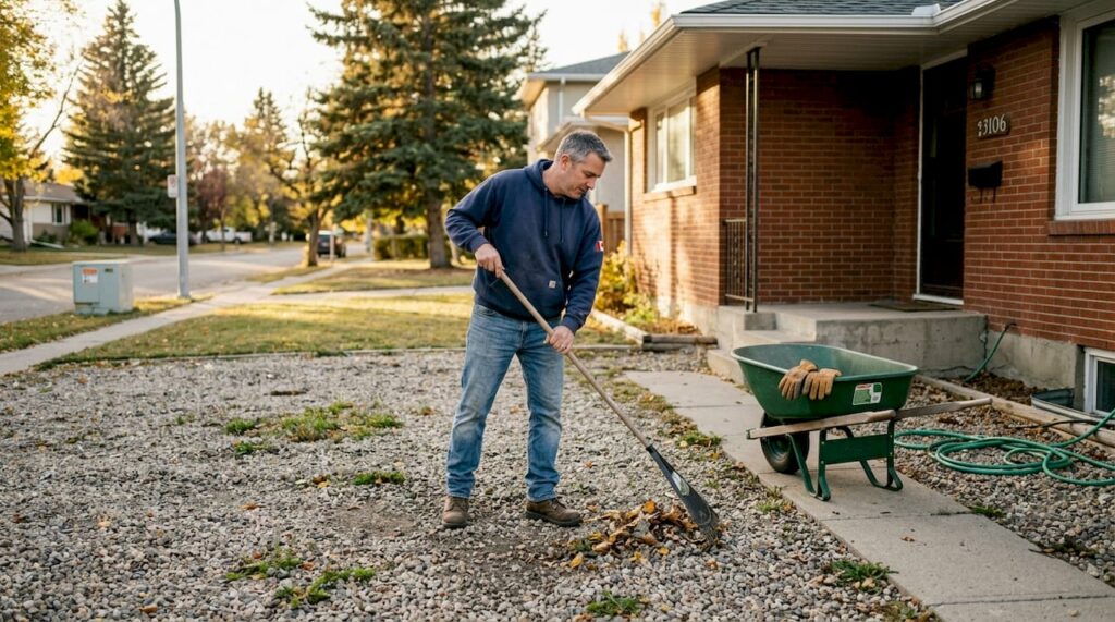 Homeowner raking gravel yard in Calgary