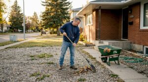 Homeowner raking gravel yard in Calgary