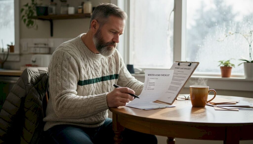 Homeowner reviews Calgary maintenance checklist at kitchen table